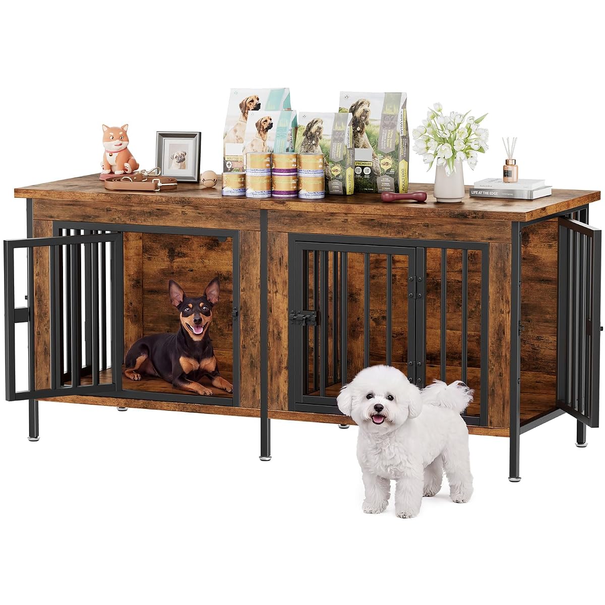 NEWBULIG 54" Double Dog Crate Furniture for 2 Dogs - Rustic Brown
