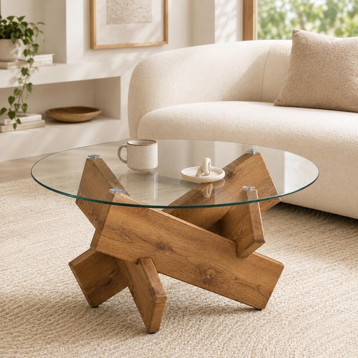 Round Glass Coffee Table, 33.4 Inch Clear Tempered Glass Top Coffee Table with Rustic Wood Crossed Legs, Modern Small Glass Center Table for Living Room Home