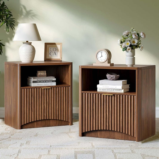 Walnut fluted mid century nightstands with drawers, set of 2
