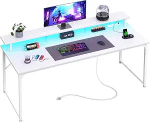 55 inch Gaming Desk, LED & Power Outlets, Monitor Stand, White, view 2