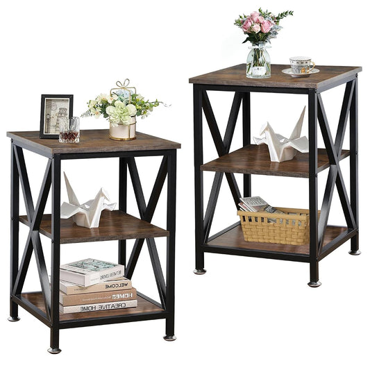 Square End Tables Living Room Set of 2, 16" D x 16" W x 24" H, Rustic Brown | Rustic End Tables Living Room with Storage Shelf, Side Tables with Steel X-Shaped Frame, Farmhouse Nightstand Wood and Metal