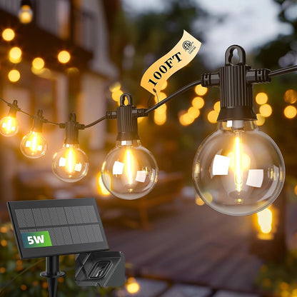 100FT Solar Outdoor String Lights, USB Charging & Solar Powered, IP65 Waterproof Shatterproof Edison Hanging LED Lights for Patio Garden Porch Fence Camping Party