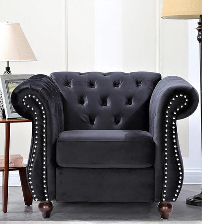 Feinstein Modern Velvet Upholstered Living Room Chesterfield with Gleaming Nailheads, Chair, Black