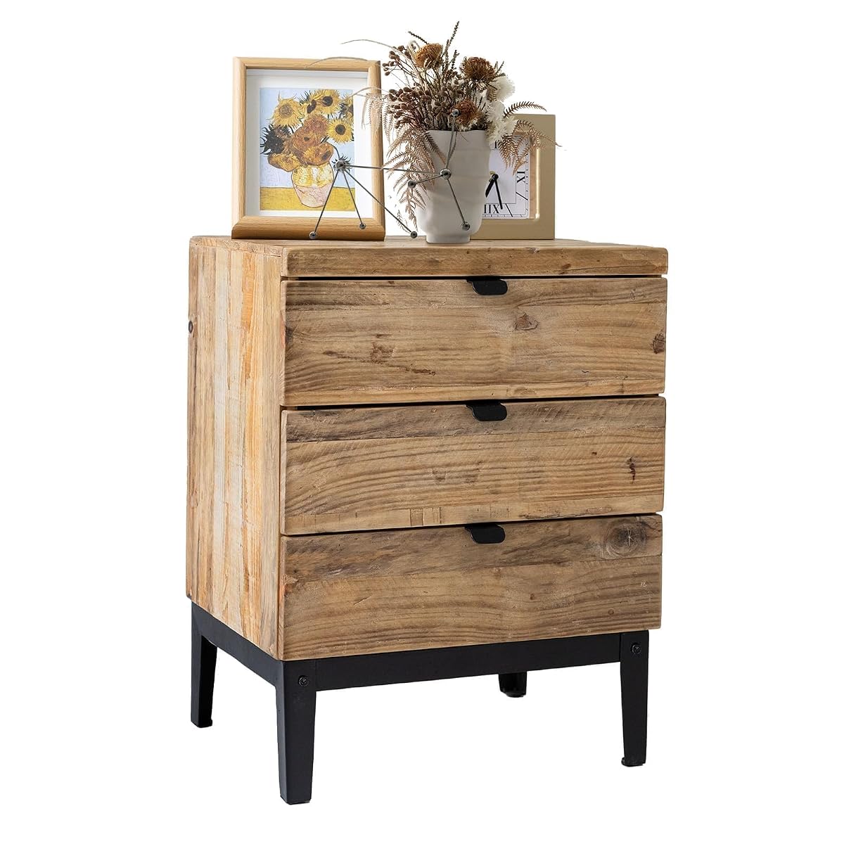 Farmhouse Nightstand Wood Bedside Table with 3-Drawers Bedside End Tables Storage for Living Room, Hallway, Handmade Distressed, Natural