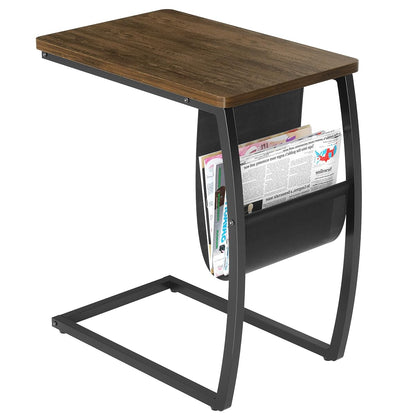 Side Table End Table, Vintage C Shaped Couch Table with Side Pocket for Sofa Laptop Coffee Snack, Walnut