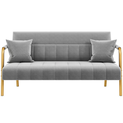 Yaheetech 56.5" W Modern Sofa Small Sofa Luxurious Velvet Fabric Couch with Gold-Tone Metal Arms and Legs for Living Room, Home Office, Studio Light Gray