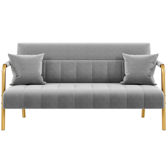 Yaheetech 56.5" W Modern Sofa Small Sofa Luxurious Velvet Fabric Couch with Gold-Tone Metal Arms and Legs for Living Room, Home Office, Studio Light Gray