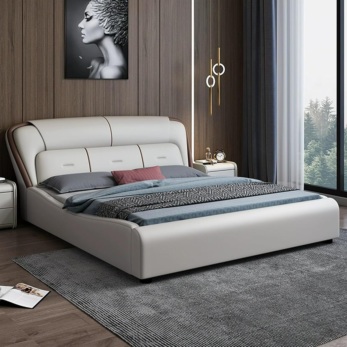 Modern Leather Bed with Soft Headboard, Nightstand