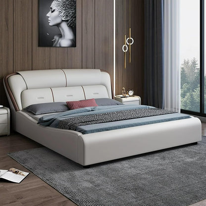 Modern Leather Bed with Soft Headboard, Nightstand