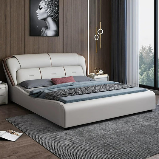 Modern Leather Bed with Soft Headboard, Nightstand