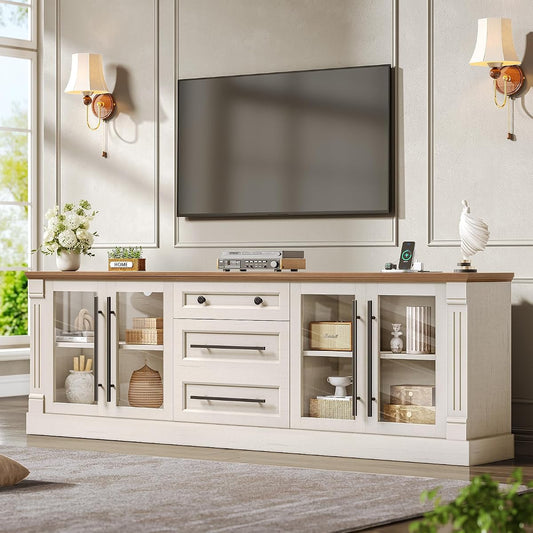Farmhouse TV Stands for 80 Inch TV with Storage,White