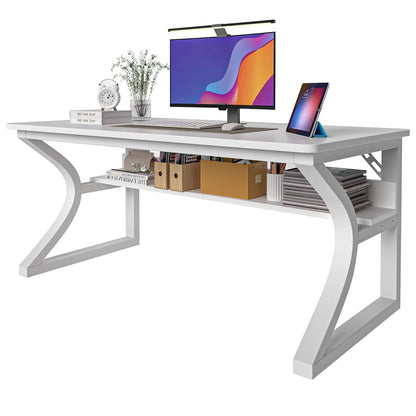 Computer Desk, 55x24 in Computer Desk, Office Desk w/Storage & U-Size Metal Frame for Home Office Bedroom Gaming, Office Desk w/Water-Resistant, Scratchproof Surface, White