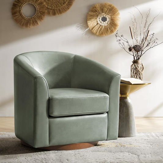 Genuine Leather Swivel Barrel Chair, Round Swivel Accent Chair with Solid Wood Base, No Assembly Required, Sage