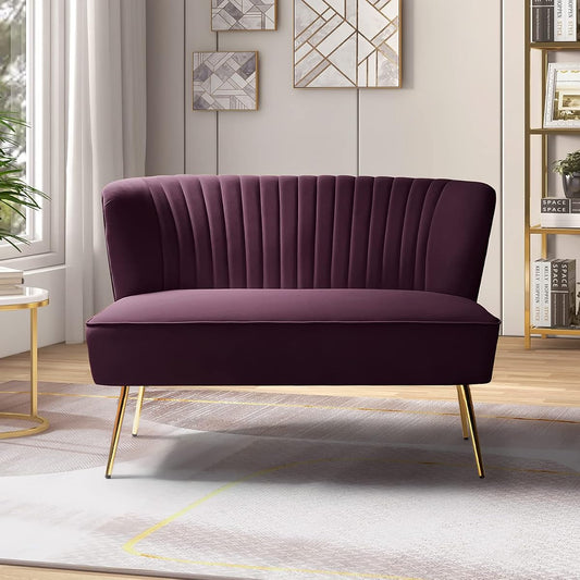 Contemporary Velvet Loveseat Sofa, Upholstered Loveseat Couch with Golden Metal Legs, Small Tufted 2-Seat Sofa Armless Love Seat for Living Room, Bedroom, Apartment Small Spaces, Purple