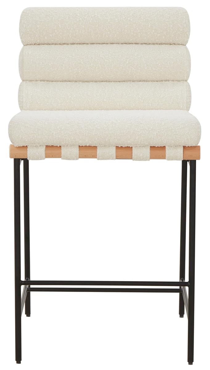 SAFAVIEH Couture Collection Macibella Ivory Boucle/Black Metal Legs Channel Tufted 25-inch Seat Height Counter Stool (Fully Assembled)