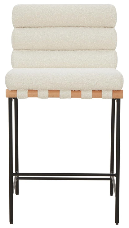 SAFAVIEH Couture Collection Macibella Ivory Boucle/Black Metal Legs Channel Tufted 25-inch Seat Height Counter Stool (Fully Assembled)