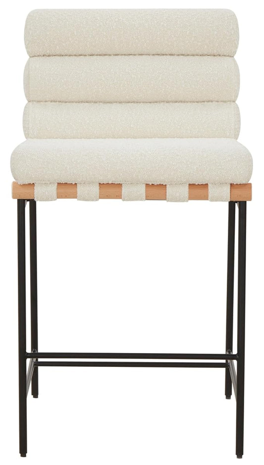 SAFAVIEH Couture Collection Macibella Ivory Boucle/Black Metal Legs Channel Tufted 25-inch Seat Height Counter Stool (Fully Assembled)