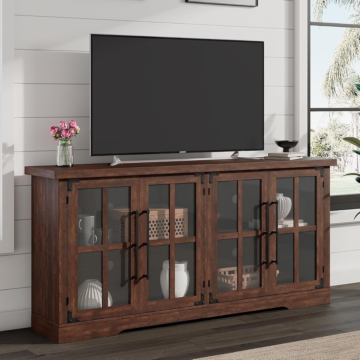 63" Farmhouse TV Stand with 4 Glass Doors and Storage, Espresso