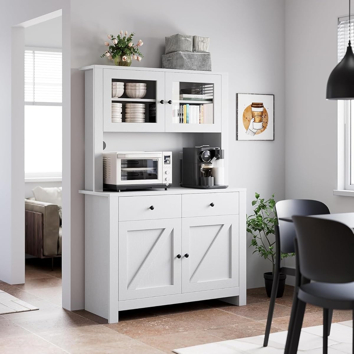 Kitchen Pantry Cabinet with Microwave Stand, Freestanding Hutch Cabinet with Buffet Cupboard, Tall Kitchen Cabinets with Adjustable Shelves for Dining Room, White