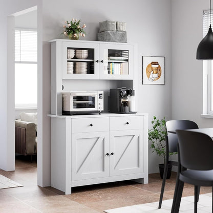 Kitchen Pantry Cabinet with Microwave Stand, Freestanding Hutch Cabinet with Buffet Cupboard, Tall Kitchen Cabinets with Adjustable Shelves for Dining Room, White