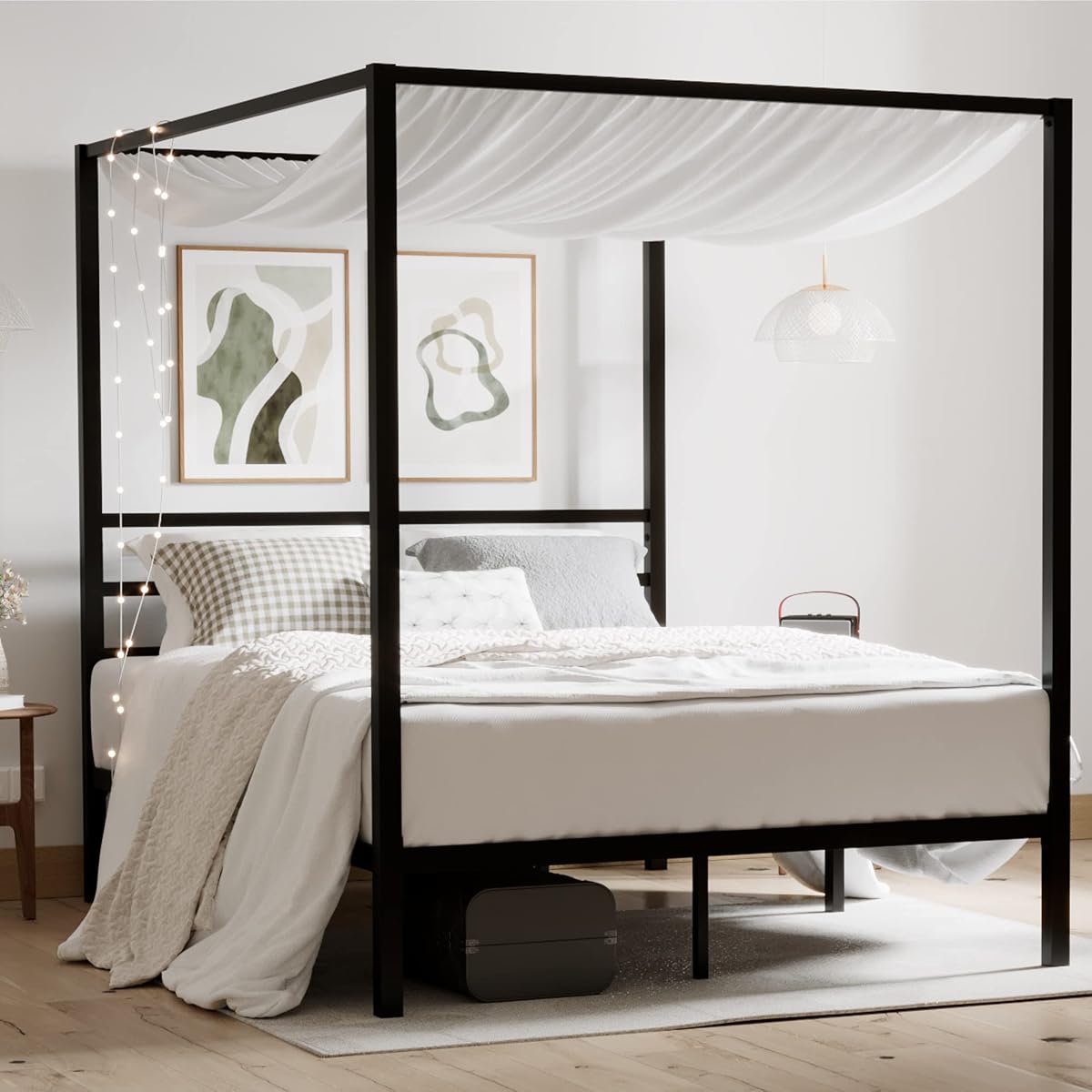 Queen Size Metal Canopy Bed Frame, Heavy-Duty Support, Black