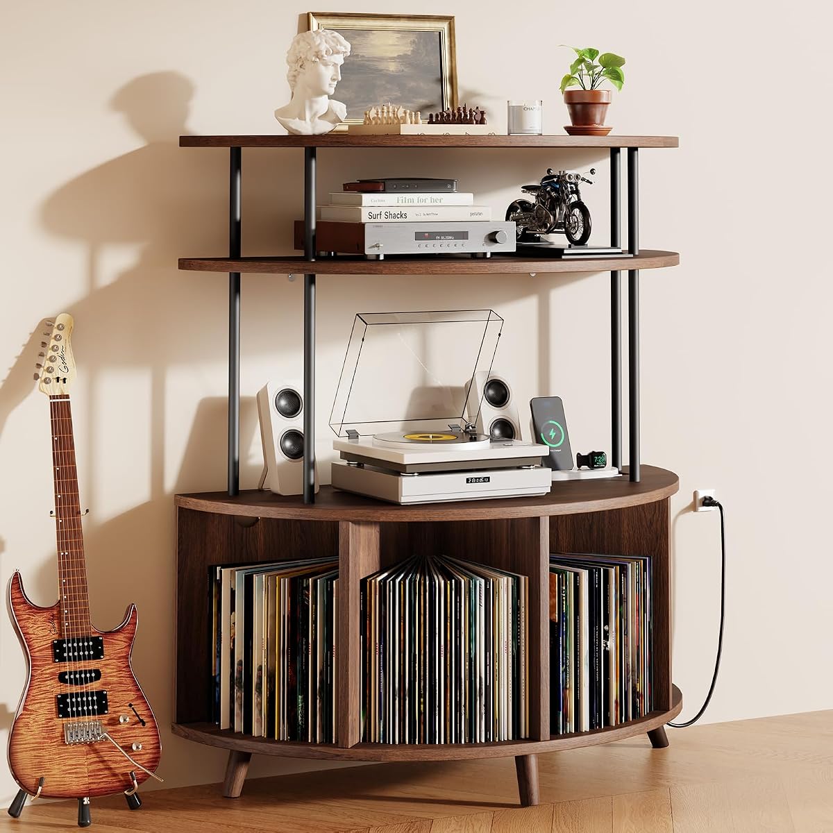Large Record Player Stand with Power Outlets, 35.4" Turntable Stand