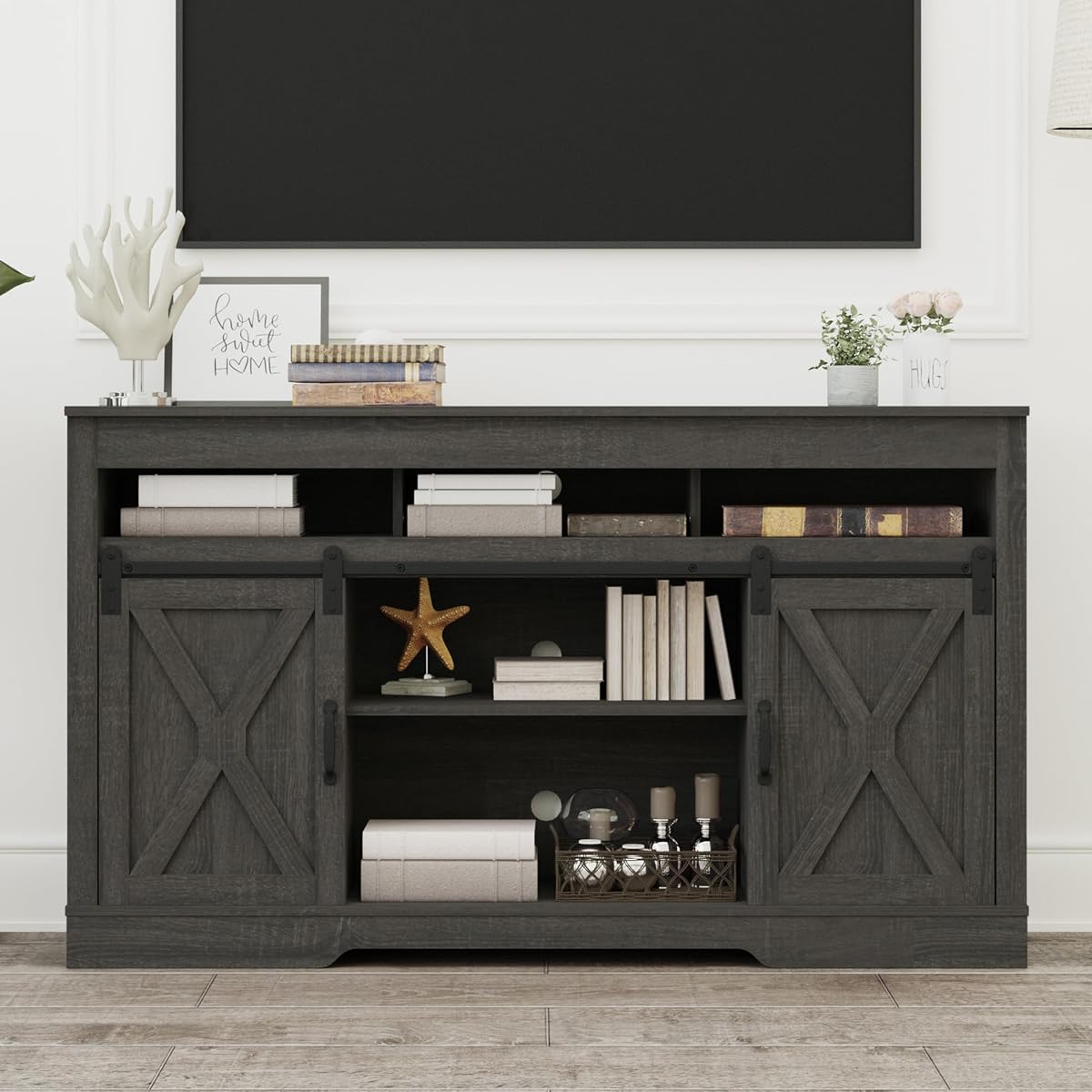 Farmhouse TV Stand for 65+ Inch TV, 34'' Tall Entertainment Center with Sliding Barn Doors, Rustic Wood Media Console Storage Cabinet Television Stand for Living Room, Bedroom (Dark Grey)