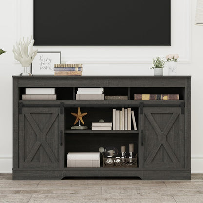 Farmhouse TV Stand for 65+ Inch TV, 34'' Tall Entertainment Center with Sliding Barn Doors, Rustic Wood Media Console Storage Cabinet Television Stand for Living Room, Bedroom (Dark Grey)
