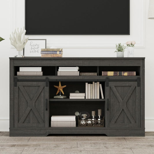 Farmhouse TV Stand for 65+ Inch TV, 34'' Tall Entertainment Center with Sliding Barn Doors, Rustic Wood Media Console Storage Cabinet Television Stand for Living Room, Bedroom (Dark Grey)
