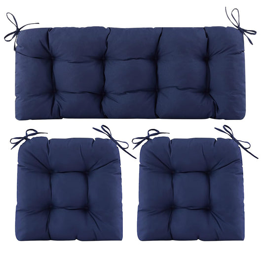 Wicker Chair Cushions of 3 Pieces, Waterproof Cushions for Patio Furniture, Tufted Wicker Outdoor Furniture Cushions, 1 Patio Loveseat Cushion and 2 U-Shaped Cushions, 44"x19"x5", Navy Blue