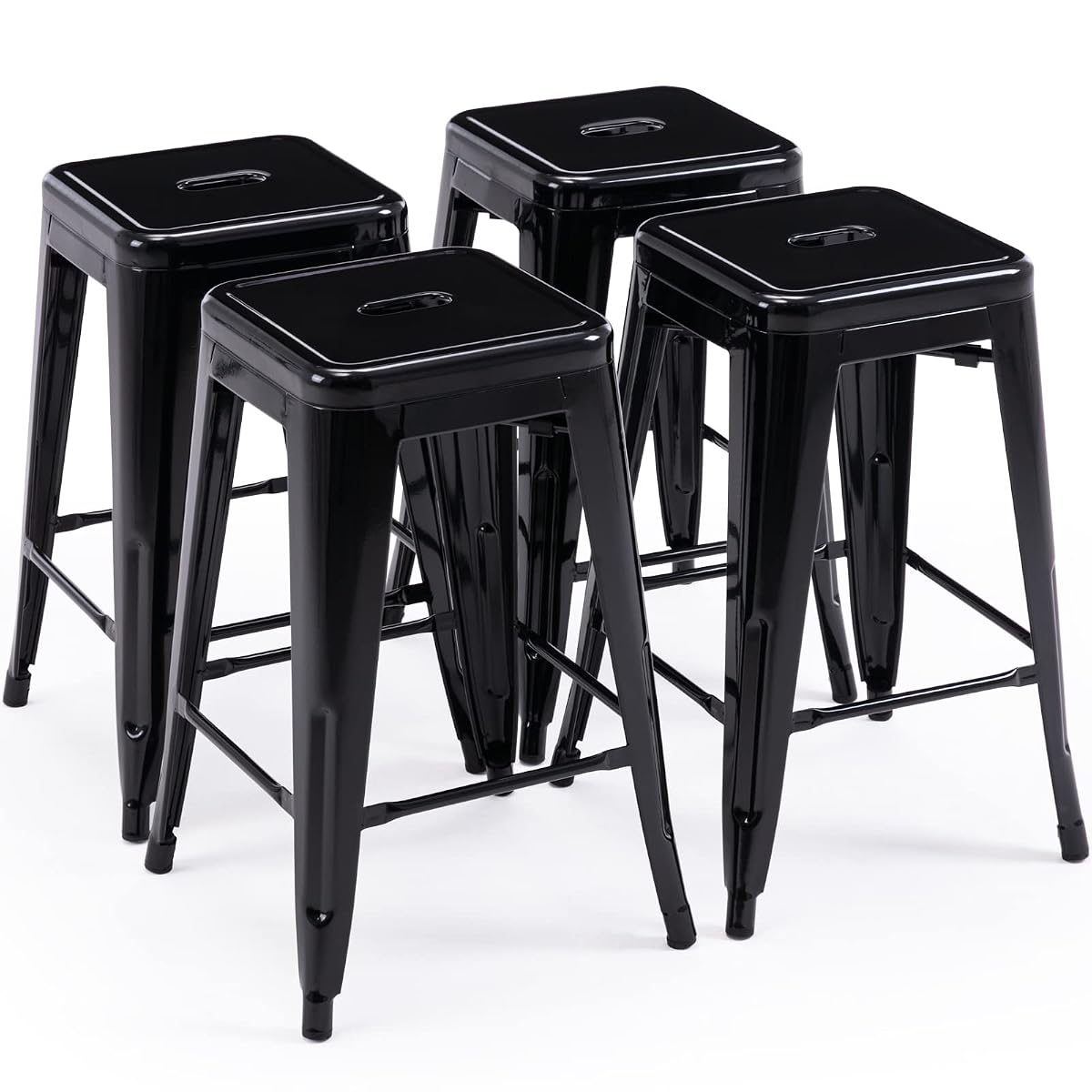 24 Inch Metal Bar Stools, Backless Counter Height Barstools, Indoor Outdoor Stackable Stools with Square Seat, Set of 4 (Black)
