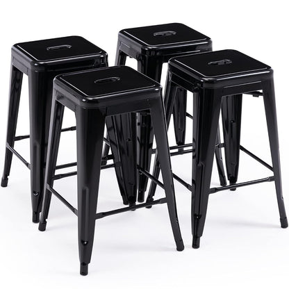 24 Inch Metal Bar Stools, Backless Counter Height Barstools, Indoor Outdoor Stackable Stools with Square Seat, Set of 4 (Black)