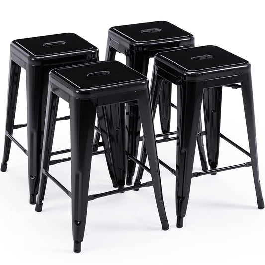 24 Inch Metal Bar Stools, Backless Counter Height Barstools, Indoor Outdoor Stackable Stools with Square Seat, Set of 4 (Black)