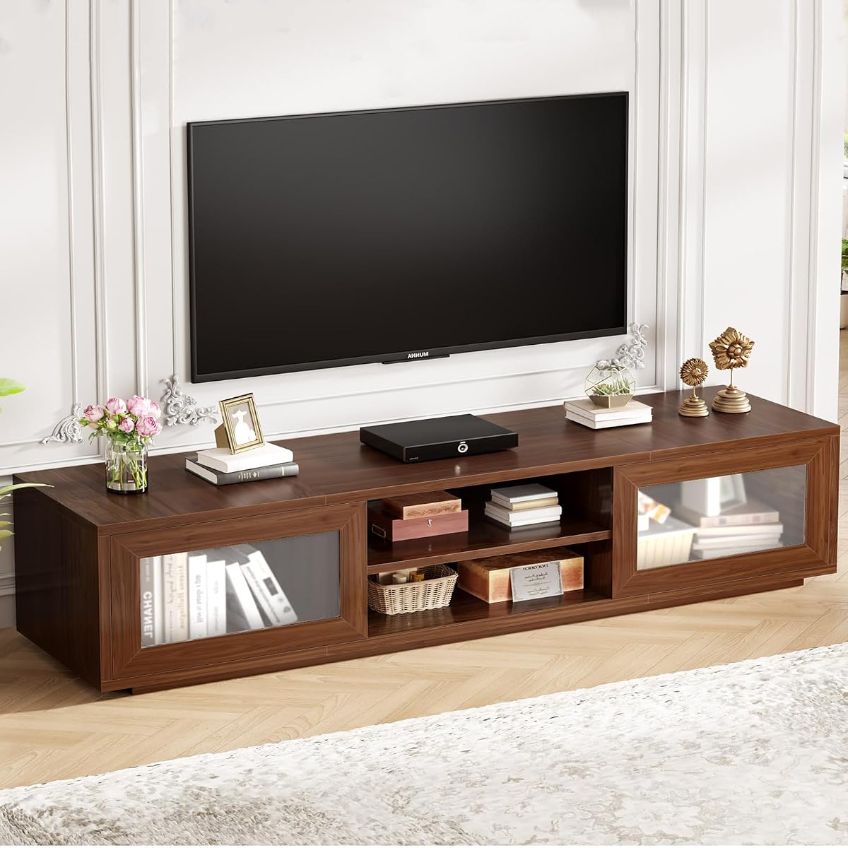 TV Stand for TVs up to 75", TV Cabinet with Storage, Walnut, 70 Inch