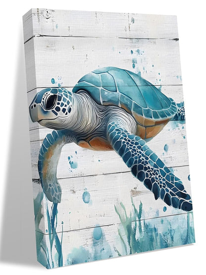 NuYeBiofx Ocean Blue Turtle Wood Grain Canvas Wall Art Prints,48"x32" Framed Picture Artwork Teal Marine Life Seaweed Printed Canvas Oil Painting for Living Room Bedroom Office,Ready to Hang