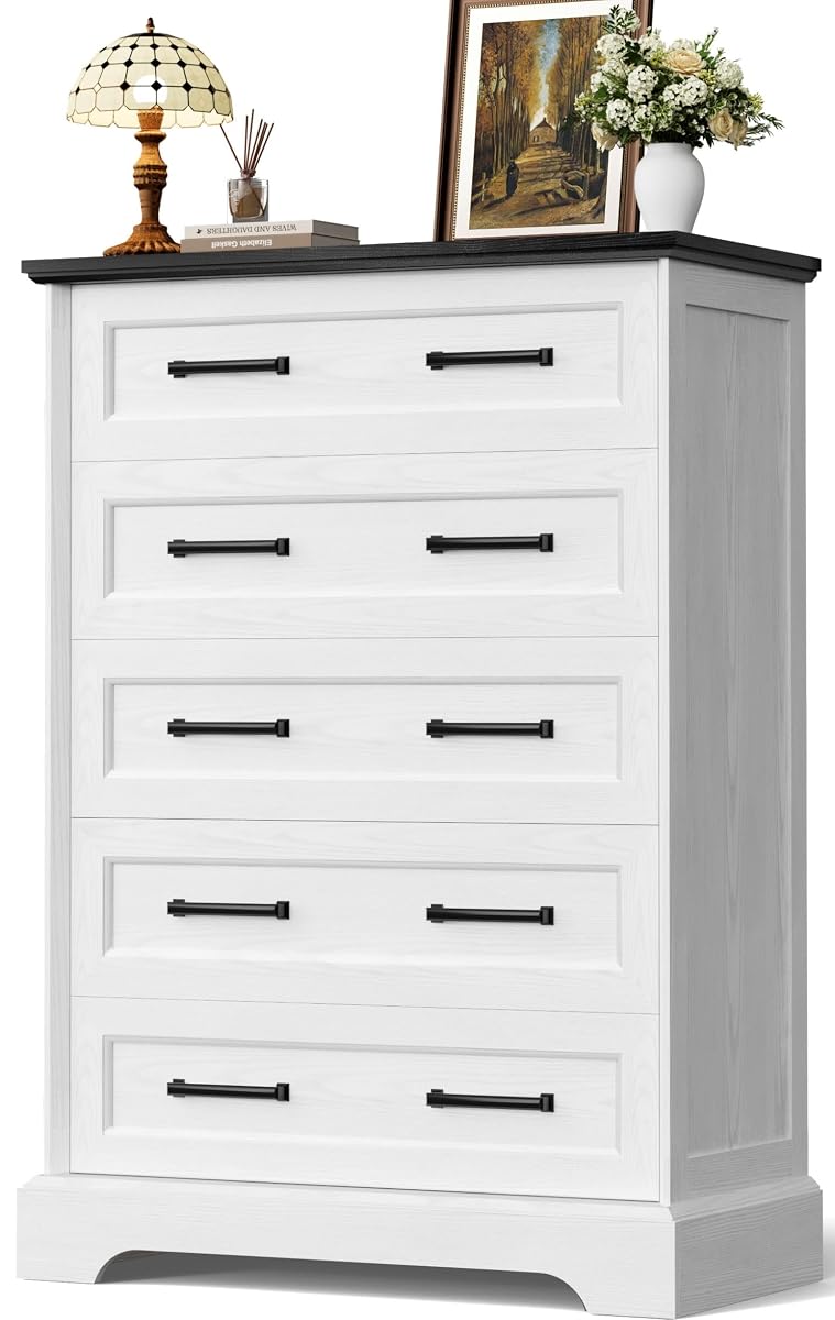 Tall Dresser for Bedroom, Farmhouse 5 Drawers Dresser, White&Black