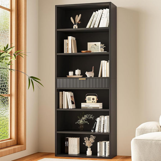 7-Tier Bookshelf with Storage, 72" Tall Bookcase with Drawer, Display Book Shelf Book Organizer with Anti-tip Device, Home Decor Wood Furniture for Office, Bedroom, Living Room, Black