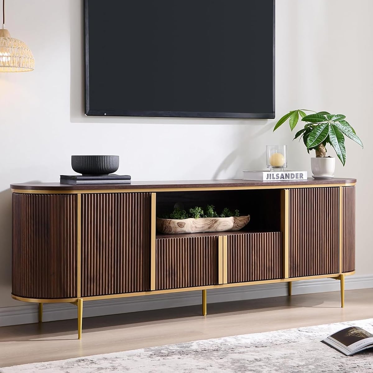 70" Fluted TV Stand with Storage, Faux Marble Top Entertainment Center for TVs Up to 80", Modern Curved Edge Media Console Cabinet for Living Room, Dark Walnut