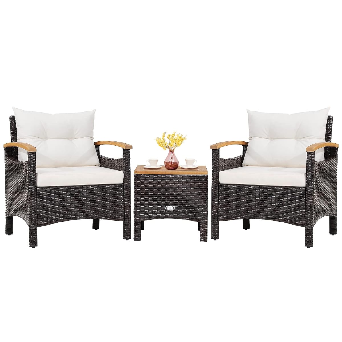 3-Piece Patio Furniture Set, Patiojoy Outdoor Rattan Sofa Set with Coffee Table, Patio Conversation Set with Removable Cushion, Cozy Acacia Wood Armrests for Backyard, Poolside (Off White)