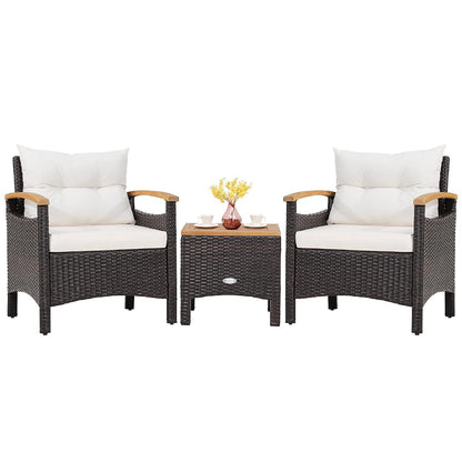 3-Piece Patio Furniture Set, Patiojoy Outdoor Rattan Sofa Set with Coffee Table, Patio Conversation Set with Removable Cushion, Cozy Acacia Wood Armrests for Backyard, Poolside (Off White)