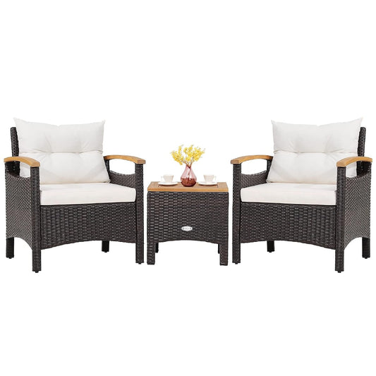 3-Piece Patio Furniture Set, Patiojoy Outdoor Rattan Sofa Set with Coffee Table, Patio Conversation Set with Removable Cushion, Cozy Acacia Wood Armrests for Backyard, Poolside (Off White)