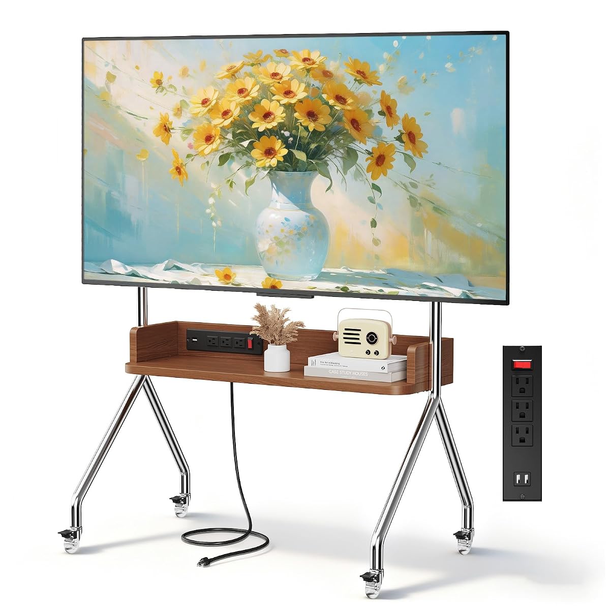 Rolling TV Stand with Power Outlet & Wooden Shelf