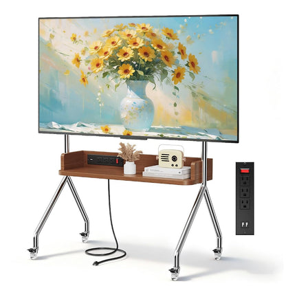 Rolling TV Stand with Power Outlet & Wooden Shelf