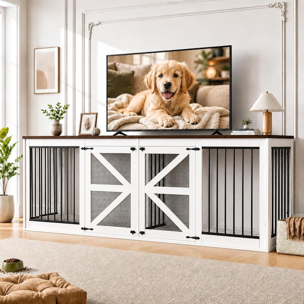 94in Double Dog Crate Furniture, Dog Kennel TV Stand, White