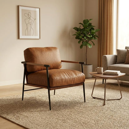 Mid-Century Accent Chair, Soft Armchair PU Leather Lounge Chair with Black Metal Legs, Upholstered Leisure Chair for Living Room Bedroom Reception Room, 1PC, Brown