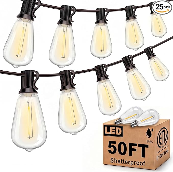 LED Outdoor String Lights 50FT Patio Lights with 27 ST38 Edison Shatterproof Bulbs, Outside Hanging Lights Waterproof for Porch, Deck, Garden, Backyard, Balcony, 2700K Warm White, Dimmable