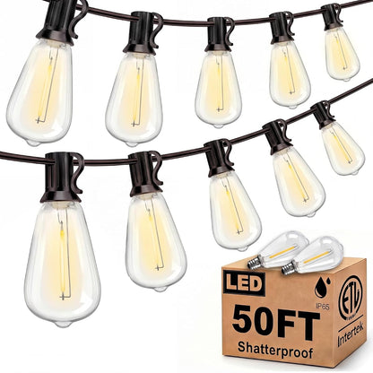 LED Outdoor String Lights 50FT Patio Lights with 27 ST38 Edison Shatterproof Bulbs, Outside Hanging Lights Waterproof for Porch, Deck, Garden, Backyard, Balcony, 2700K Warm White, Dimmable