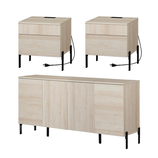 3 Pieces Bedroom Set, Fluted Storage Cabinet and Set of 2 Night Stands with Charging Station for Bedroom, Wood Dresser and Nightstand Set of 2, Wide Storage Organizer Cabinet for Bedroom, Beige