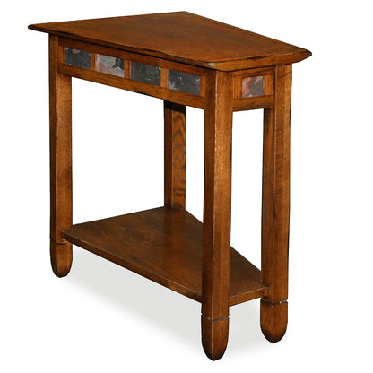 Slate End Table, Solid Wood, Narrow Wedge Shape, Slate Tile Insets, Bottom Display Shelf, Easy-Assembly, Rustic Oak, 23.5 in. L x 17 in. W x 24 in. H, 10056