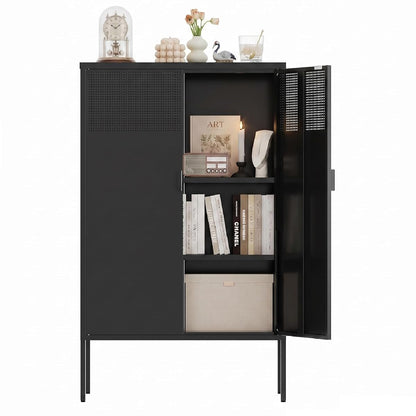 Black Metal Storage Cabinet,2 Door TV Stand, Metal Mesh Accent Cabinet,Magnetic Door Closure,Low Storage Cabinets with Doors and Shelf for Home,Office,Living Room